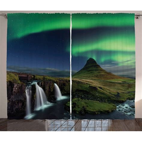 Aurora Borealis Curtains 2 Panels Set Waterfall Kirkjufellsfoss In The