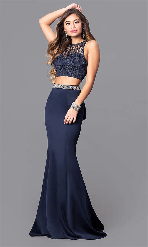 Cheap Two Piece Navy Blue Long Prom Dress Promgirl