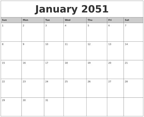 January 2051 Monthly Calendar Printable