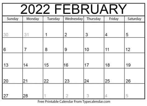 February 2022 Calendar February 2022 Free Printables