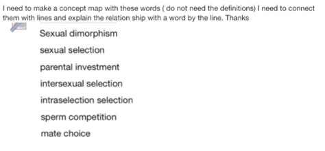 For example, the bright plumage of a male peacock does not help it physically overcome rival males. Solved: I NEED TO MAKE A CONCEPT MAP WITH THE WORDS BELOW,... | Chegg.com