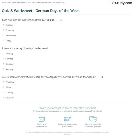 Quiz And Worksheet German Days Of The Week