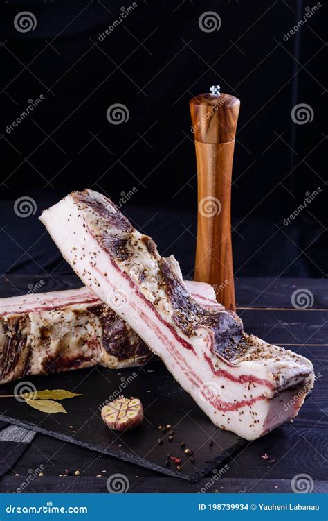 Chunks Of Salted Bacon On Dark Background Stock Photo Image Of Meat
