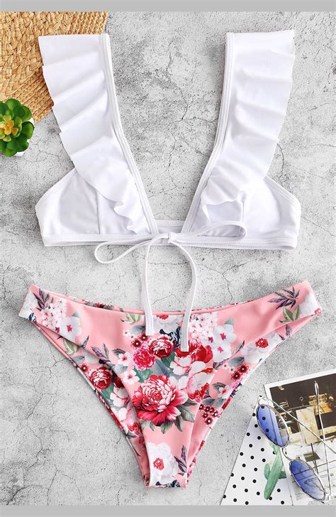 Elegant Pink Frilled Floral Bikini Set Swimwear Bathing Suit