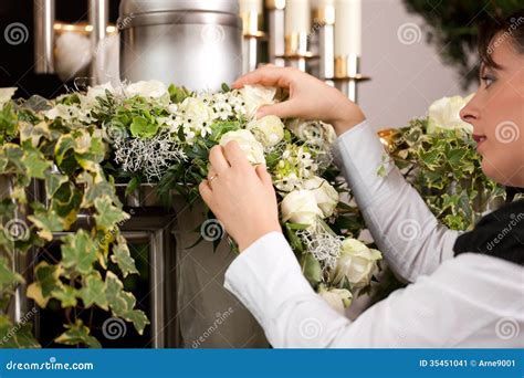 Grief - Female Mortician Preparing Urn Funeral Stock Image - Image of
