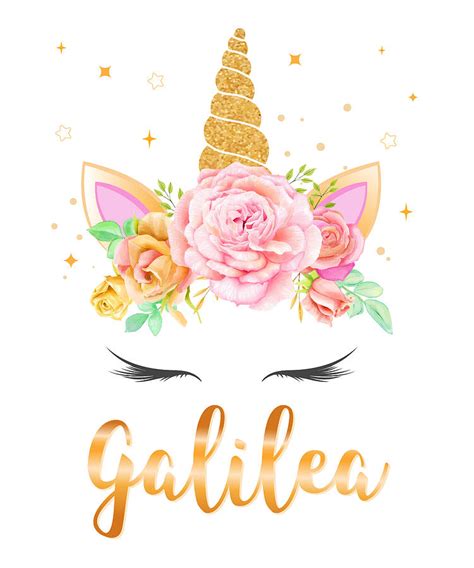 Galilea Name Unicorn Horn With Flower Wreath And Gold Glitter Unicorn Face Digital Art By