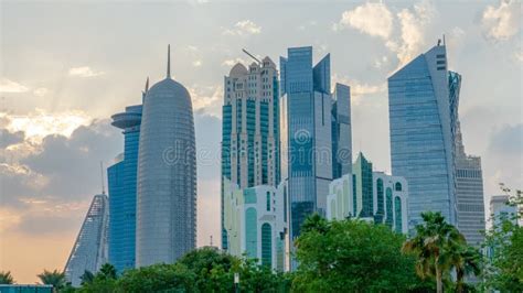 The Skyline Of Doha City Center During Evening Qatar Stock Image