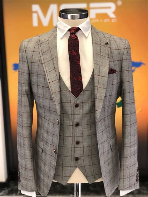Buy Burgundy Slim Fit Plaid Check Suit By Free Shipping