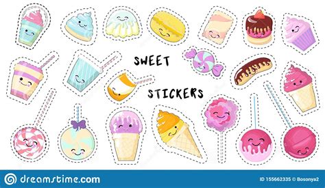 Set Of Kawaii Sticker Or Patch With Food Sweets Or Desserts Cute