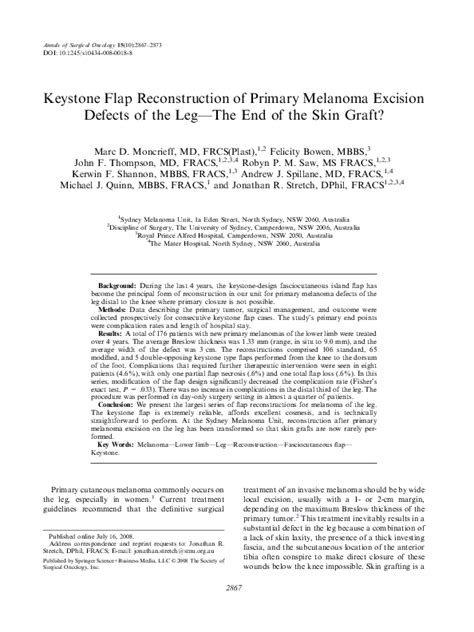 Pdf Keystone Flap Reconstruction Of Primary Melanoma Excision Defects Of The Leg—the End Of