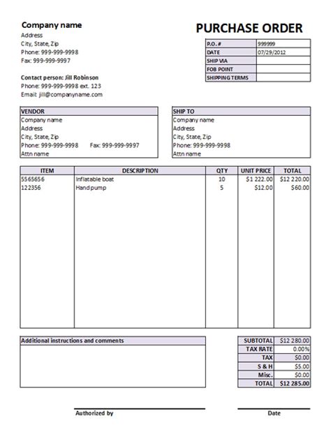 Editable Excel Purchase Order Template