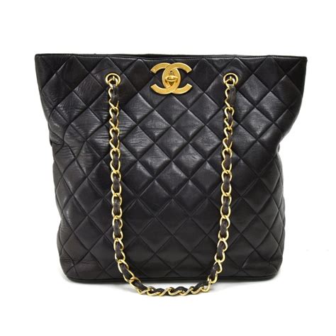 Authentic Vintage Chanel Large Tote Bag In Black Quilted Lambskin