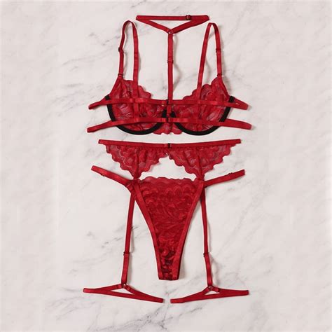 New 2021 Red Floral Lace Garter Lingerie Set With Choker Etsy