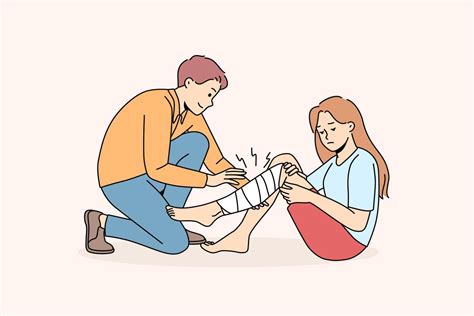 Man Give First Aid To Hurt Girl With Leg Injury Male Volunteer Help