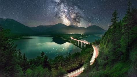 Wallpaper Milky Way Road Long Exposure Lake Night Desktop Wallpaper