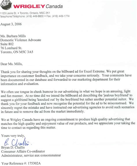 letter  wrigley canada closing  letter formal letter