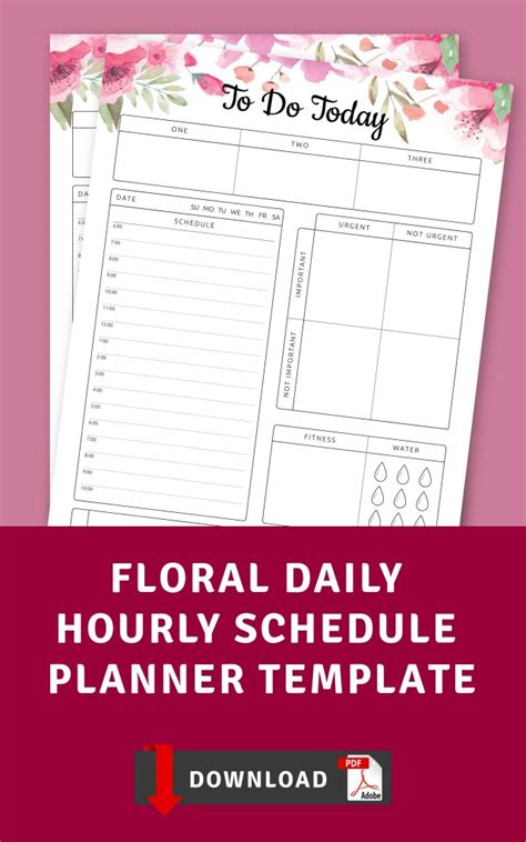 Floral Daily Hourly Schedule Planner Template Printable Pdf