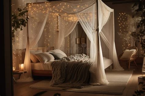 A Cozy Bedroom With A Canopy Bed Soft Fairy Lights And A Plush Rug2