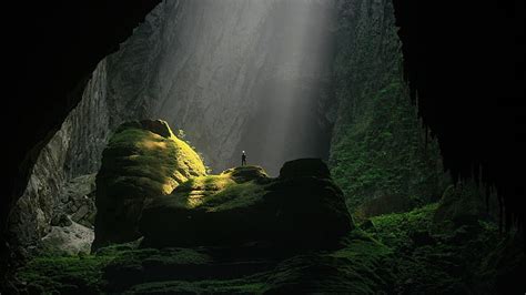 Hd Wallpaper Green Mossy Cave Nature Trees Men Rock Sunlight