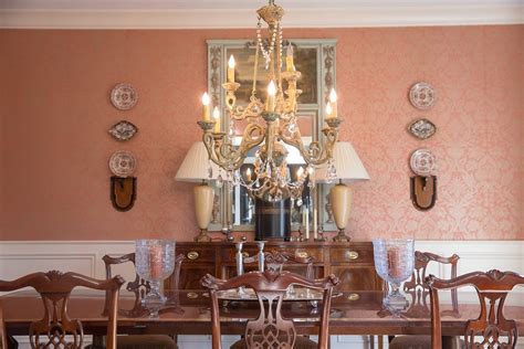 Coral Damask Wallpaper Dining Room Chippendale Chairs