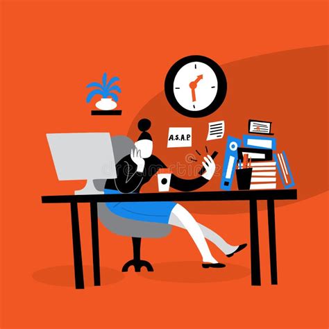 Vector Illustration Of Young Women Sitting On Her Workplace And