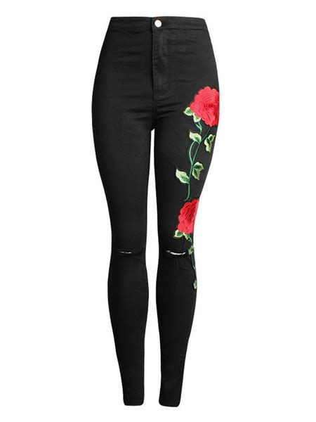 embroidered rose skinny high waisted denim jeans power day sale