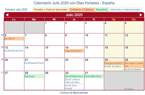 Calendario Julio 2020 Para Imprimir España