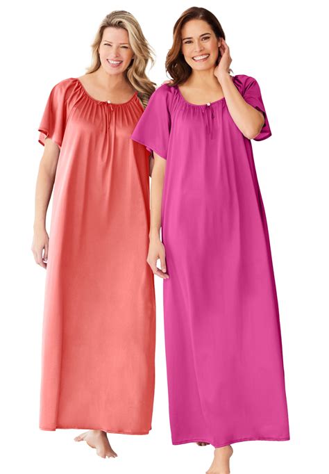 Only Necessities Womens Plus Size 2 Pack Long Silky Gown Pajamas