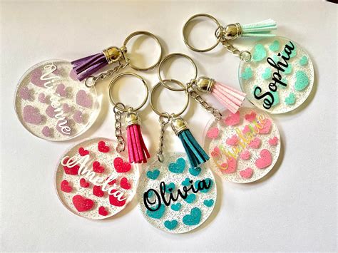 Personalized Acrylic Keychain Hearts Glitter Name Etsy