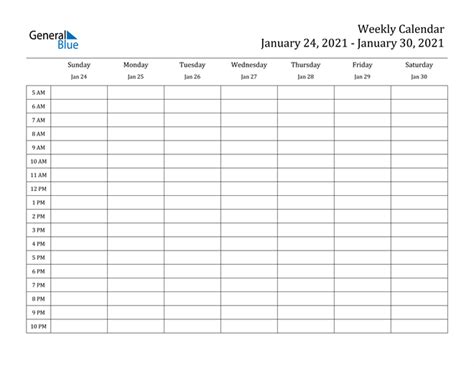 Weekly Calendar January 24 2021 To January 30 2021 Pdf Word Excel