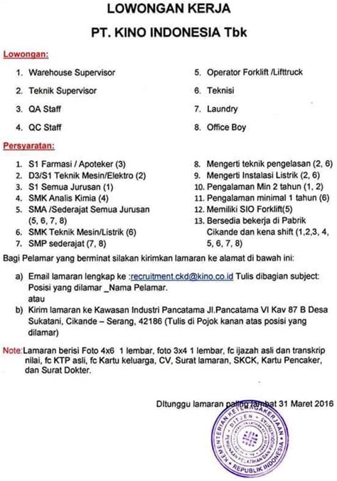 Informasi loker terbaru bogor operator pt. Lowongan Kerja PT. Kino Indonesia Tbk
