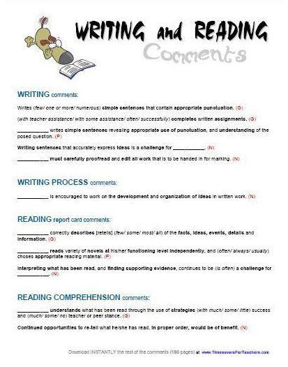 Report Card Comments Reading And Writing Timesavers For Teachers