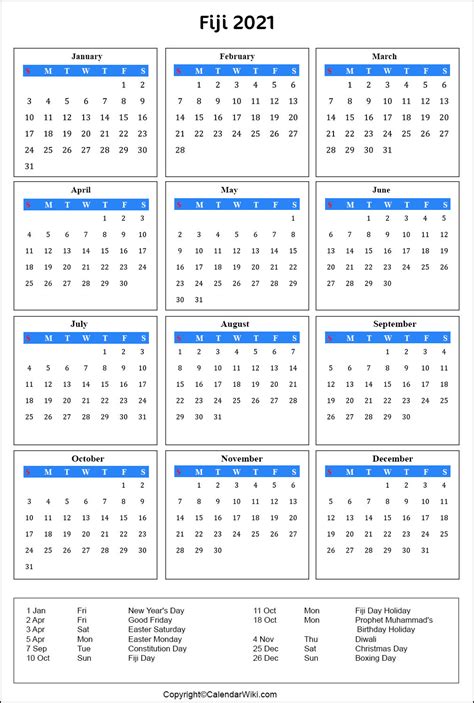 Printable Fiji Calendar 2021 With Holidays Public Holidays Images And