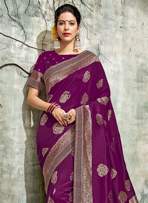 Buy Purple Zari Woven Saree Zari Embroidered Sari Online Shopping