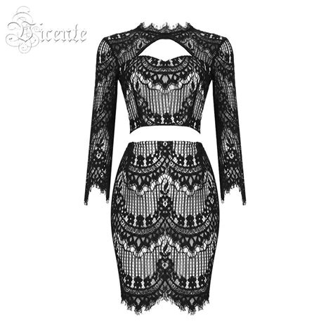 vicente 2019 hot elegant lace sexy hollow out o neck three quarter solid color bodycon two piece