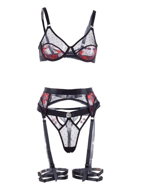 Tffr Women 3 Pieces Erotic Lingerie Set Flower Embroidery See Through