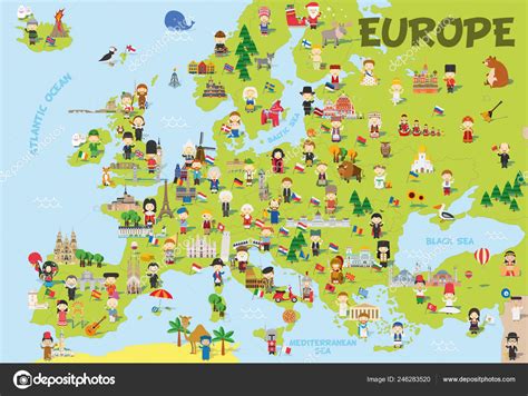 Funny Cartoon Map Of Europe With Childrens Of Different Nationalities