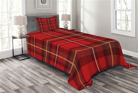 Plaid Bedspread Set Twin Size Old European Cultural Pattern With