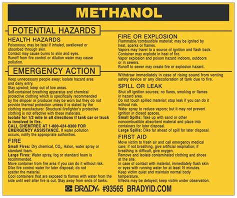 Brady Hazardous Material Label METHANOL Legend METHANOL Facility