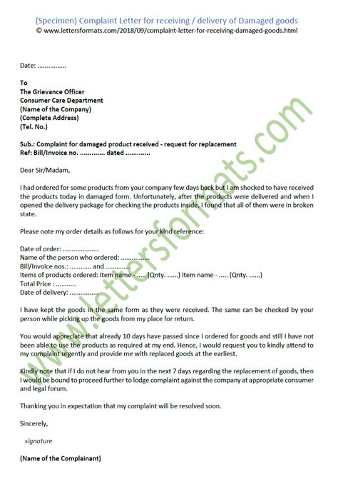 Every consumer of goods or services has a right to lodge complaints to the company who provided them with any defective. Complaint Letter for Receiving of or Delivery of Damaged Goods