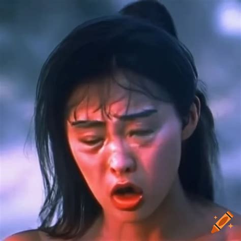 asian woman fighter with bruised and dizzy expression in 80s movie screencap on craiyon
