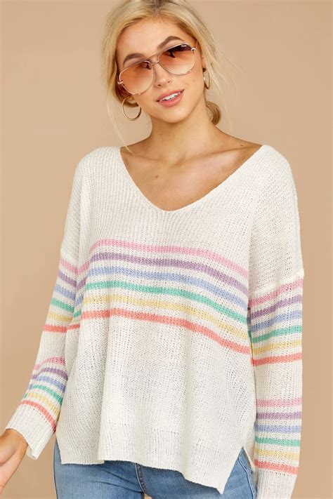Flirty White Rainbow Stripe Sweater Oversized Sweater Top 3800