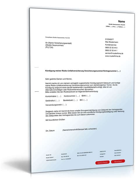 Das kündigungsschreiben muss rechtzeitig zugestellt werden um die wirksamkeit der kündigung zu. Kündigung Risikounfallversicherung | Vorlage zum Download