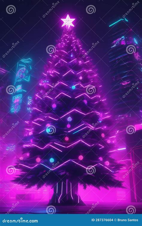 Glowing Decorated Neon Christmas Tree Xmas Wallpaper Stock