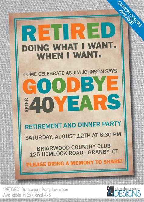 Retirement Party Invitation Custom Colors Available Etsy Retirement