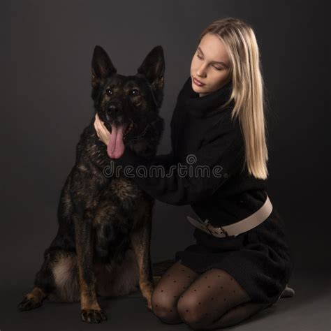 Beautiful Blonde Girl With German Shepherd Stock Image Image Of