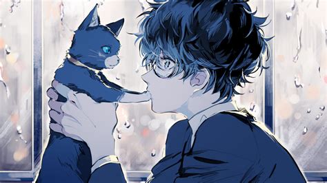 Download 2560x1440 Persona 5 Kurusu Akira Anime Boy Cat Glasses