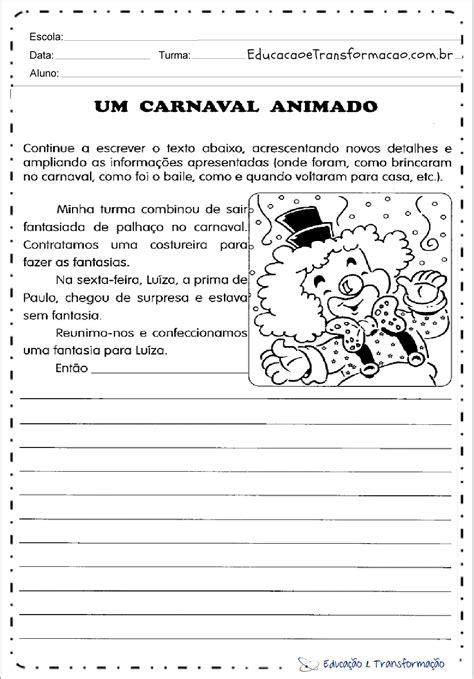 Atividades de Carnaval ano Produção de Texto Educação e Transformação