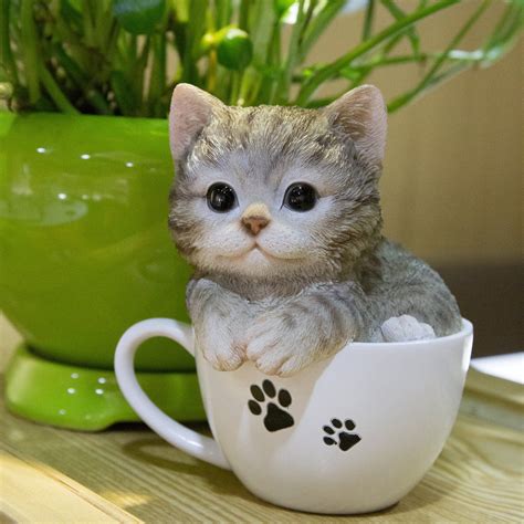 Hi Line T Ltd Teacup Kitten Grey Tabby Statue Teacup Kitten
