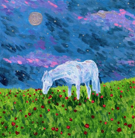 White Horse In The Field Painting By Ekaterina Karpushchenkova